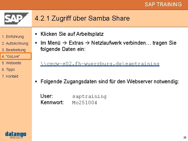 SAP TRAINING 4. 2. 1 Zugriff über Samba Share 1. Einführung 2. Aufzeichnung 3.