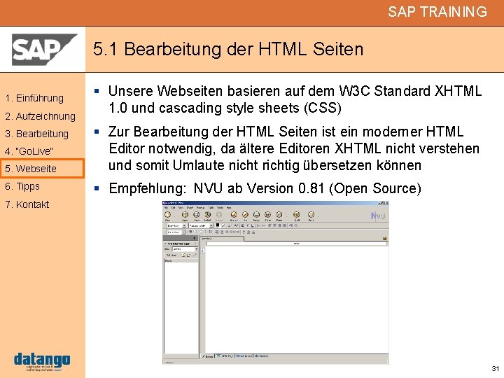 SAP TRAINING 5. 1 Bearbeitung der HTML Seiten 1. Einführung 2. Aufzeichnung Unsere Webseiten