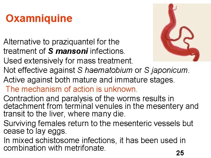 Oxamniquine Alternative to praziquantel for the treatment of S mansoni infections. Used extensively for