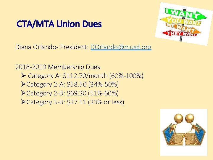 CTA/MTA Union Dues Diana Orlando- President: DOrlando@musd. org 2018 -2019 Membership Dues Ø Category