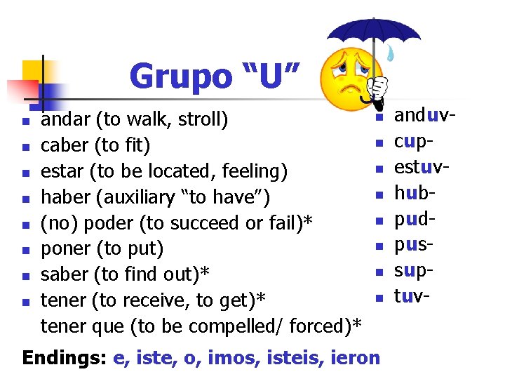 Grupo “U” n n n n andar (to walk, stroll) caber (to fit) estar