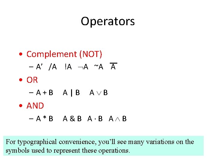 Operators • Complement (NOT) – A’ /A !A A ~A A • OR –