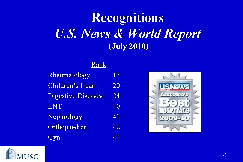Recognitions U. S. News & World Report (July 2010) Rank Rheumatology Children’s Heart Digestive