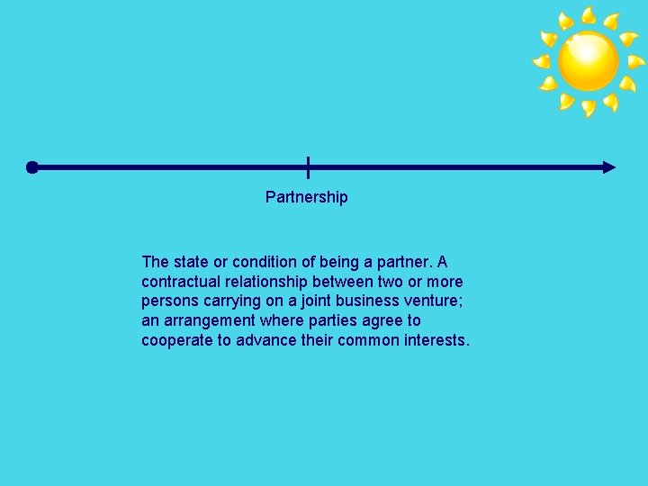 Partnership The state or condition of being a partner. A contractual relationship between two