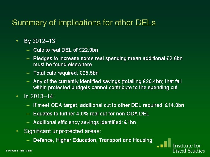 Summary of implications for other DELs • By 2012– 13: – Cuts to real