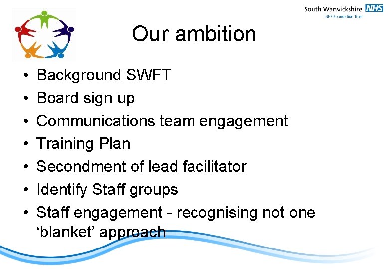 Our ambition • • Background SWFT Board sign up Communications team engagement Training Plan