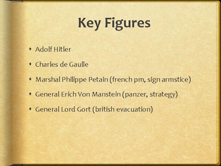 Key Figures Adolf Hitler Charles de Gaulle Marshal Philippe Petain (french pm, sign armstice)