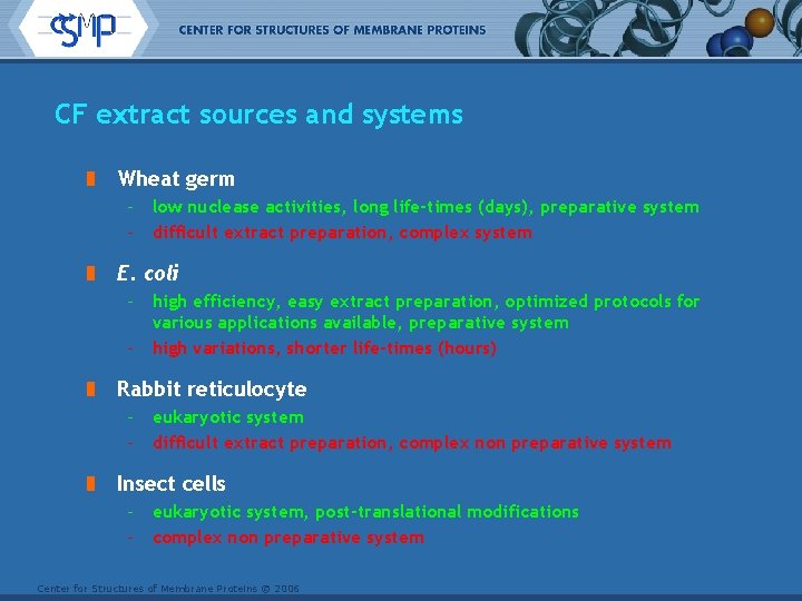 CF extract sources and systems Wheat germ – low nuclease activities, long life-times (days),