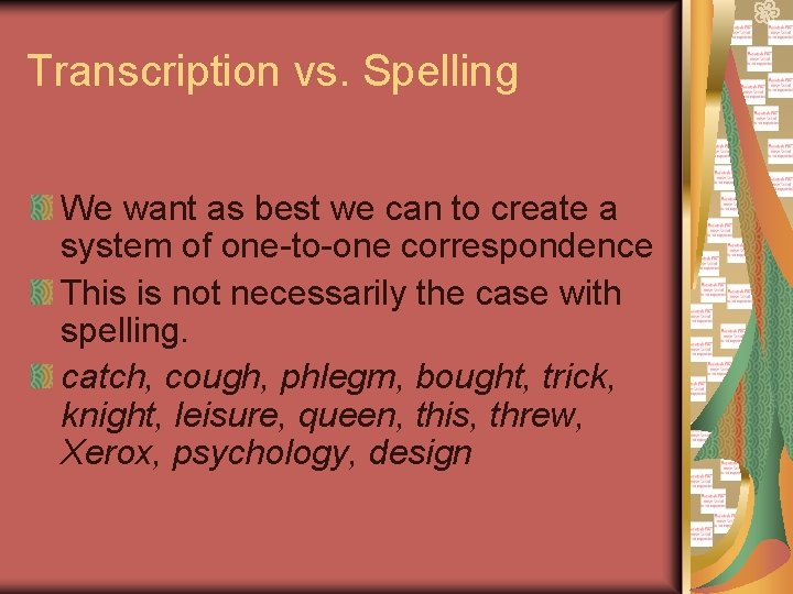Transcription vs. Spelling We want as best we can to create a system of