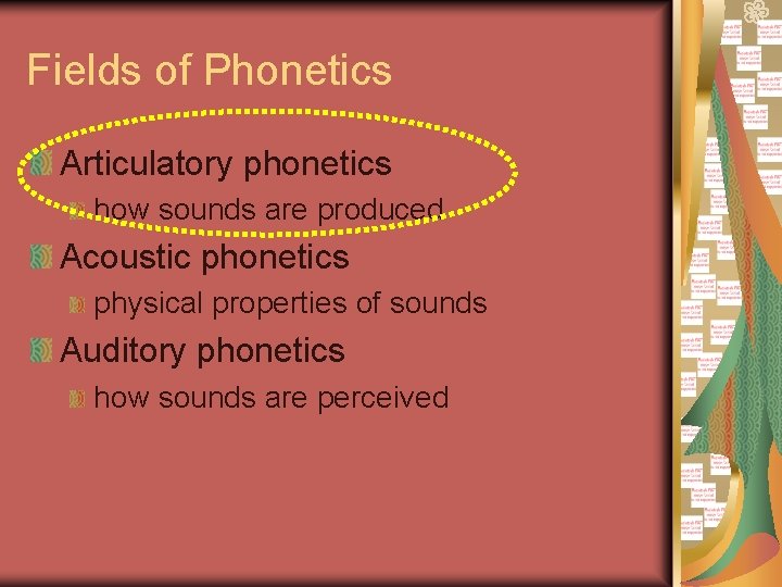 Fields of Phonetics Articulatory phonetics how sounds are produced Acoustic phonetics physical properties of