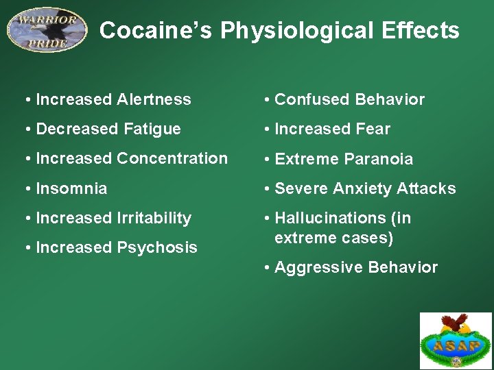 Cocaine’s Physiological Effects • Increased Alertness • Confused Behavior • Decreased Fatigue • Increased