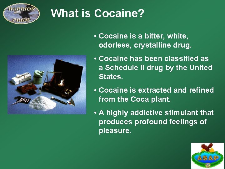 What is Cocaine? • Cocaine is a bitter, white, odorless, crystalline drug. • Cocaine