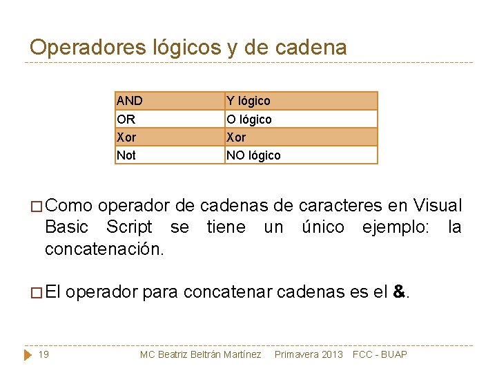 Operadores lógicos y de cadena AND OR Xor Not Y lógico O lógico Xor