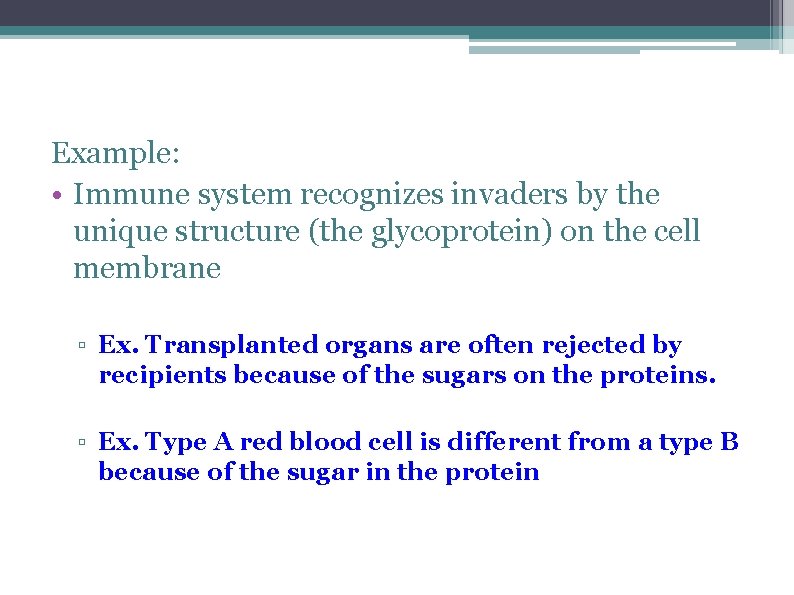 2. Glycoproteins Example: • Immune system recognizes invaders by the unique structure (the glycoprotein)
