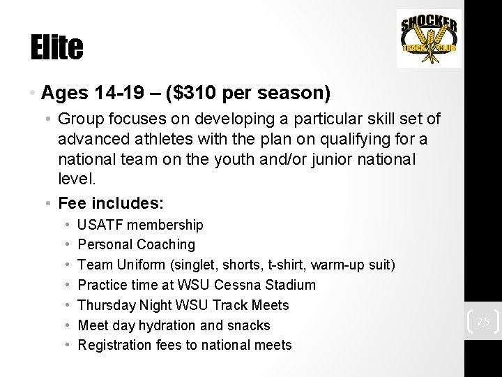 Elite • Ages 14 -19 – ($310 per season) • Group focuses on developing
