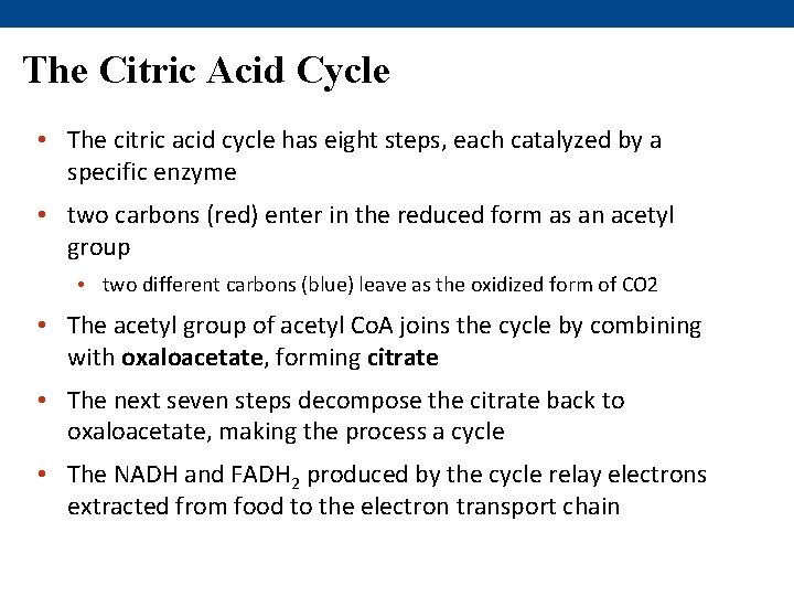 The Citric Acid Cycle • The citric acid cycle has eight steps, each catalyzed