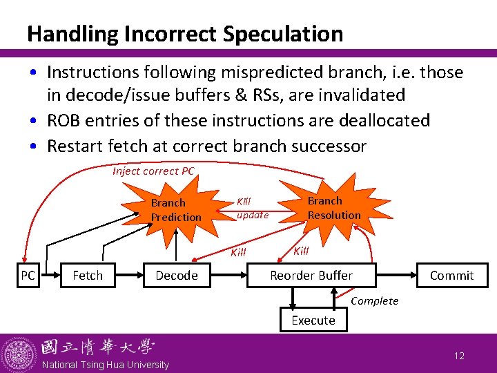 Handling Incorrect Speculation • Instructions following mispredicted branch, i. e. those in decode/issue buffers