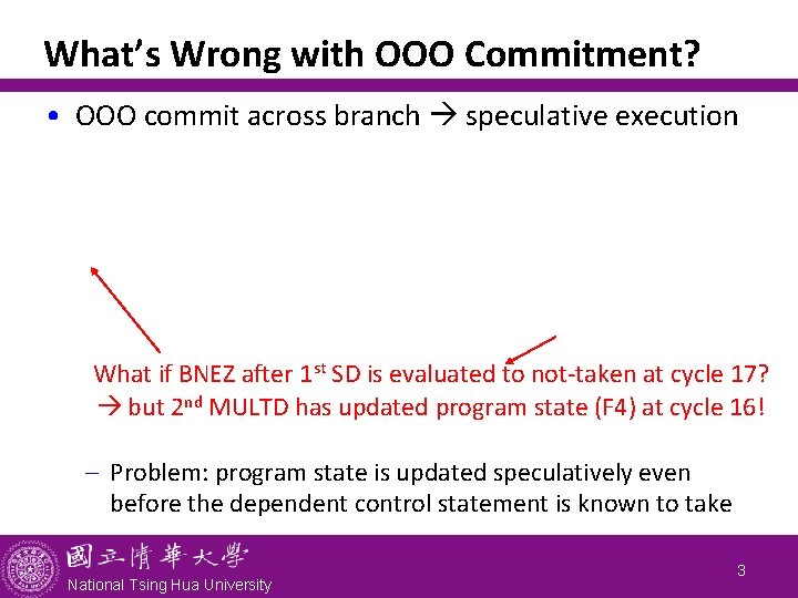 What’s Wrong with OOO Commitment? • OOO commit across branch speculative execution What if