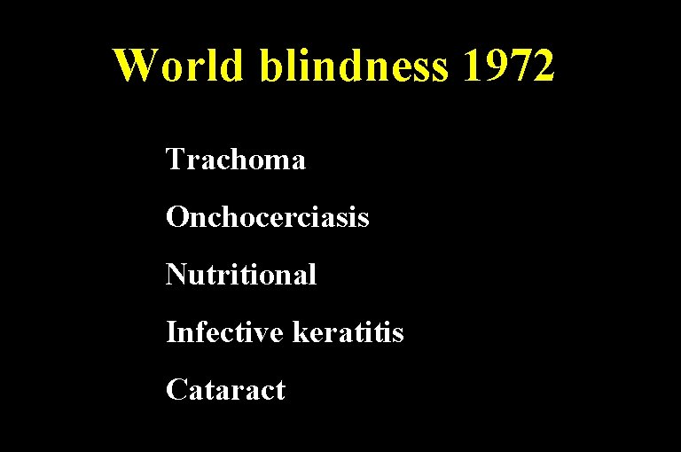 World blindness 1972 Trachoma Onchocerciasis Nutritional Infective keratitis Cataract 