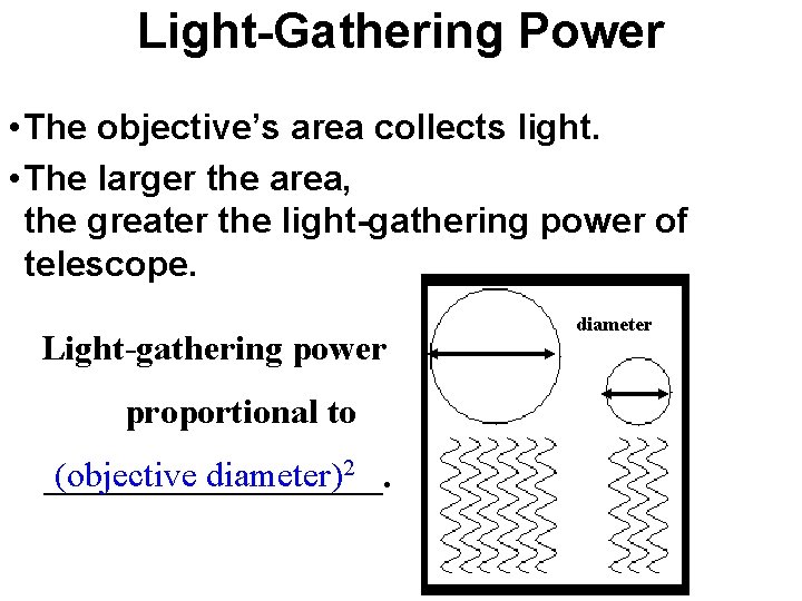 Light-Gathering Power • The objective’s area collects light. • The larger the area, the