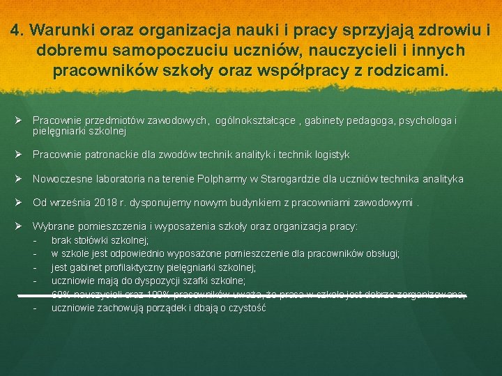 4. Warunki oraz organizacja nauki i pracy sprzyjają zdrowiu i dobremu samopoczuciu uczniów, nauczycieli