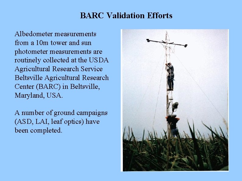 BARC Validation Efforts Albedometer measurements from a 10 m tower and sun photometer measurements