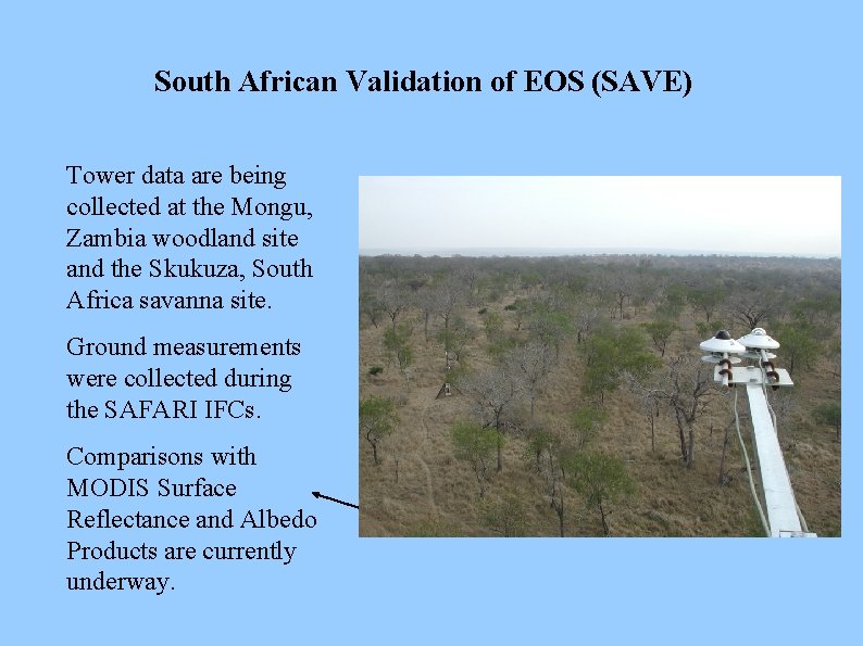 South African Validation of EOS (SAVE) Tower data are being collected at the Mongu,