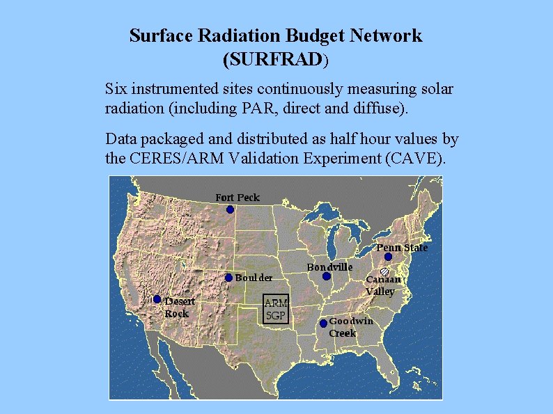 Surface Radiation Budget Network (SURFRAD) Six instrumented sites continuously measuring solar radiation (including PAR,