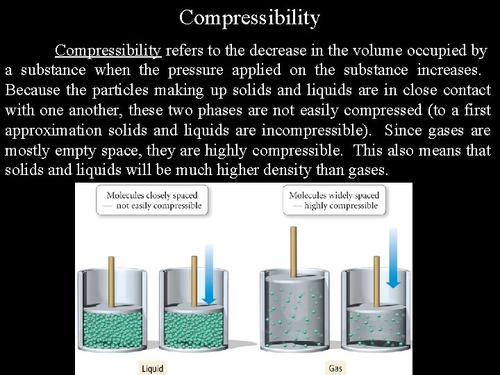 Compressibility refers to the decrease in the volume occupied by a substance when the