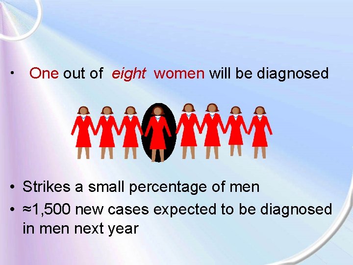  • One out of eight women will be diagnosed • Strikes a small