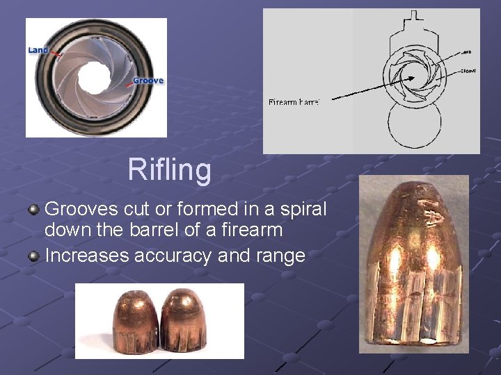 Rifling Grooves cut or formed in a spiral down the barrel of a firearm