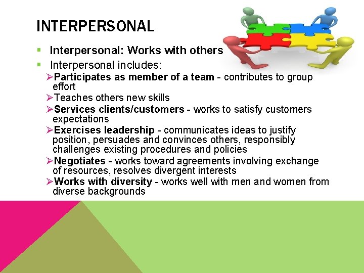 INTERPERSONAL § Interpersonal: Works with others § Interpersonal includes: ØParticipates as member of a
