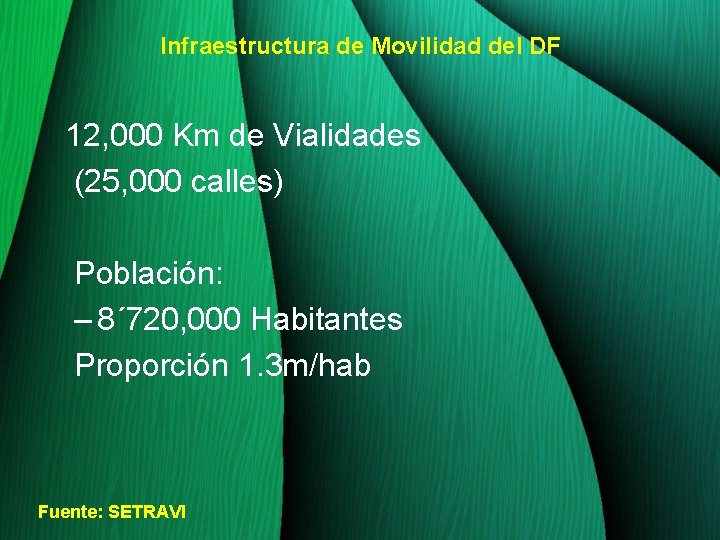 Infraestructura de Movilidad del DF 12, 000 Km de Vialidades (25, 000 calles) Población: