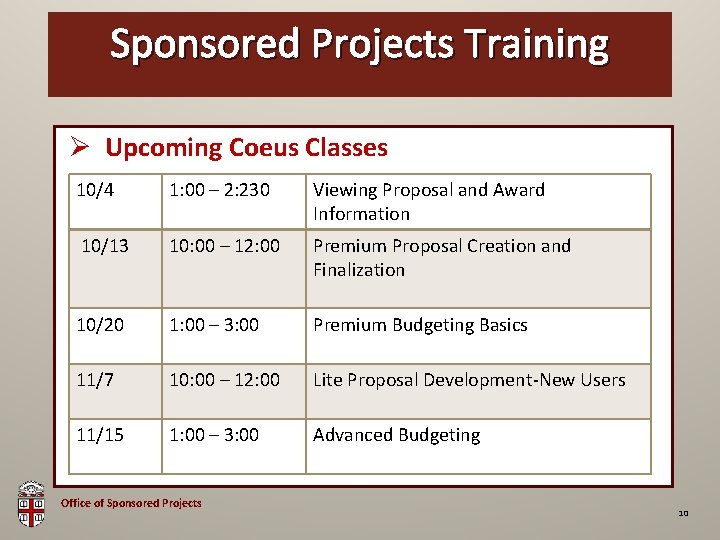 Sponsored Projects Training OSP Brown Bag Ø Upcoming Coeus Classes 10/4 1: 00 –