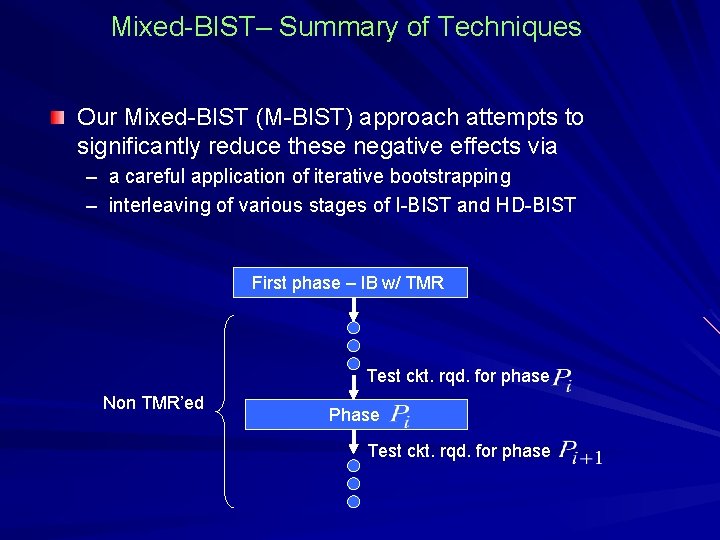 Mixed-BIST– Summary of Techniques Our Mixed-BIST (M-BIST) approach attempts to significantly reduce these negative