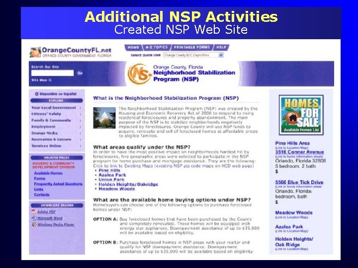 Additional NSP Activities Created NSP Web Site 