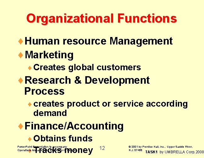 Organizational Functions ¨Human resource Management ¨Marketing ¨ Creates global customers ¨Research & Development Process