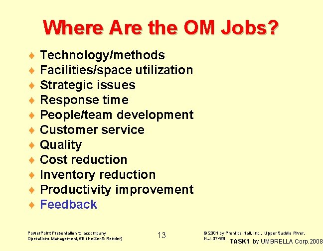 Where Are the OM Jobs? ¨ Technology/methods ¨ Facilities/space utilization ¨ Strategic issues ¨