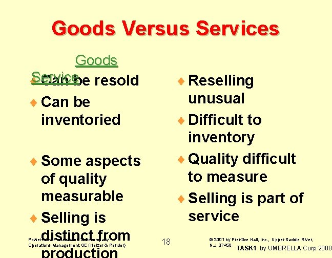 Goods Versus Services Goods Service ¨ Can be resold ¨ Can be inventoried ¨