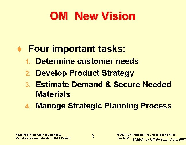 OM New Vision ¨ Four important tasks: Determine customer needs 2. Develop Product Strategy