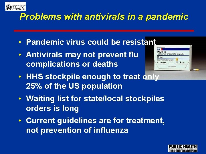 Problems with antivirals in a pandemic • Pandemic virus could be resistant • Antivirals