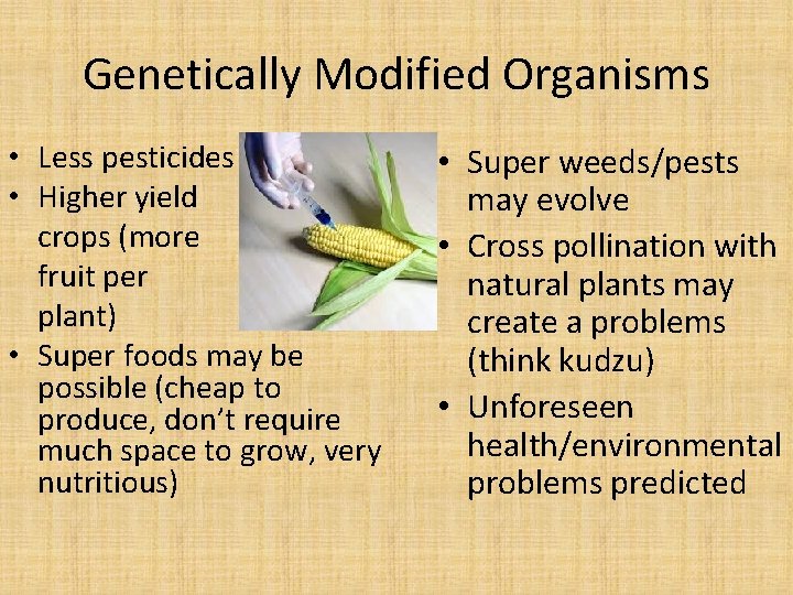Genetically Modified Organisms • Less pesticides required • Higher yield crops (more fruit per