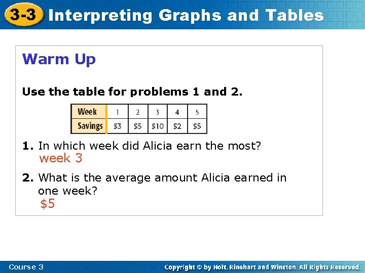 3 -3 Interpreting Graphs and Tables Warm Up Use the table for problems 1