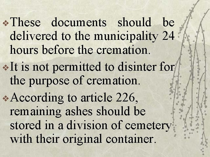 v These documents should be delivered to the municipality 24 hours before the cremation.
