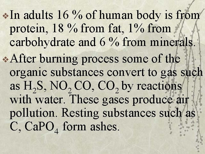 v In adults 16 % of human body is from protein, 18 % from