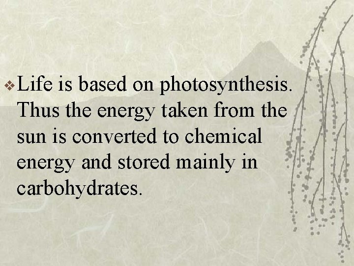 v Life is based on photosynthesis. Thus the energy taken from the sun is