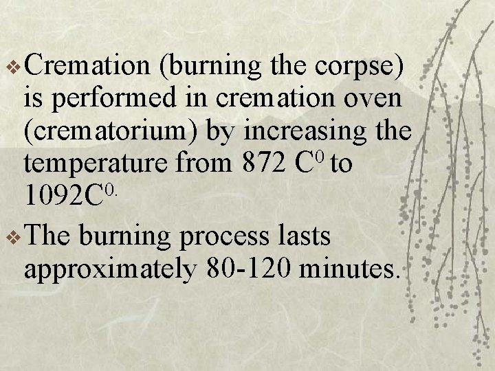 v Cremation (burning the corpse) is performed in cremation oven (crematorium) by increasing the