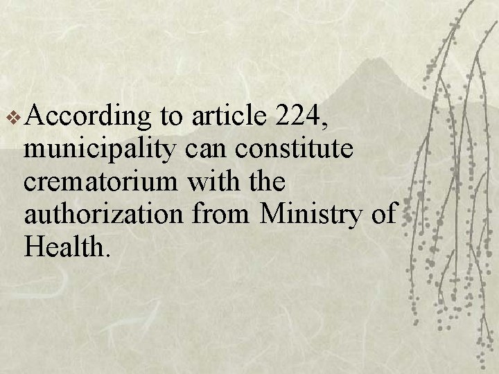v According to article 224, municipality can constitute crematorium with the authorization from Ministry