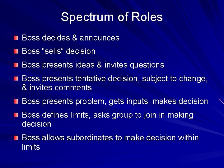 Spectrum of Roles Boss decides & announces Boss “sells” decision Boss presents ideas & Spectrum of Roles Boss decides & announces Boss “sells” decision Boss presents ideas &
