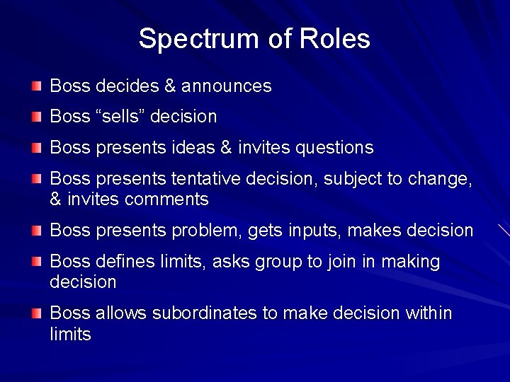 Spectrum of Roles Boss decides & announces Boss “sells” decision Boss presents ideas &